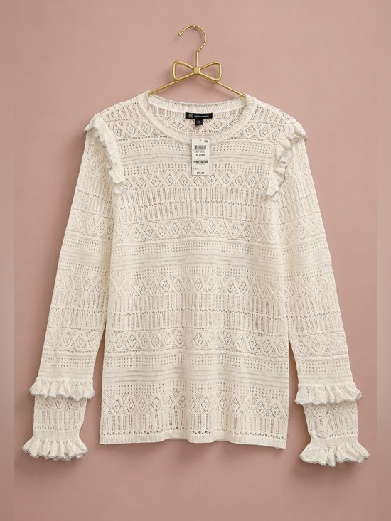 INC International Concepts Tops - INC International Concepts Cream Lace-Knit Ruffle Long-Sleeve Top